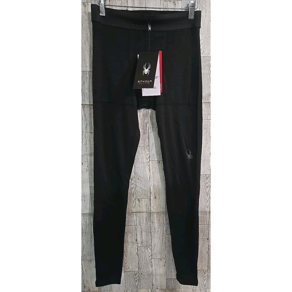 Spyder Compression Pants Mens SMALL Black Active Wear Reflective Trim NEW